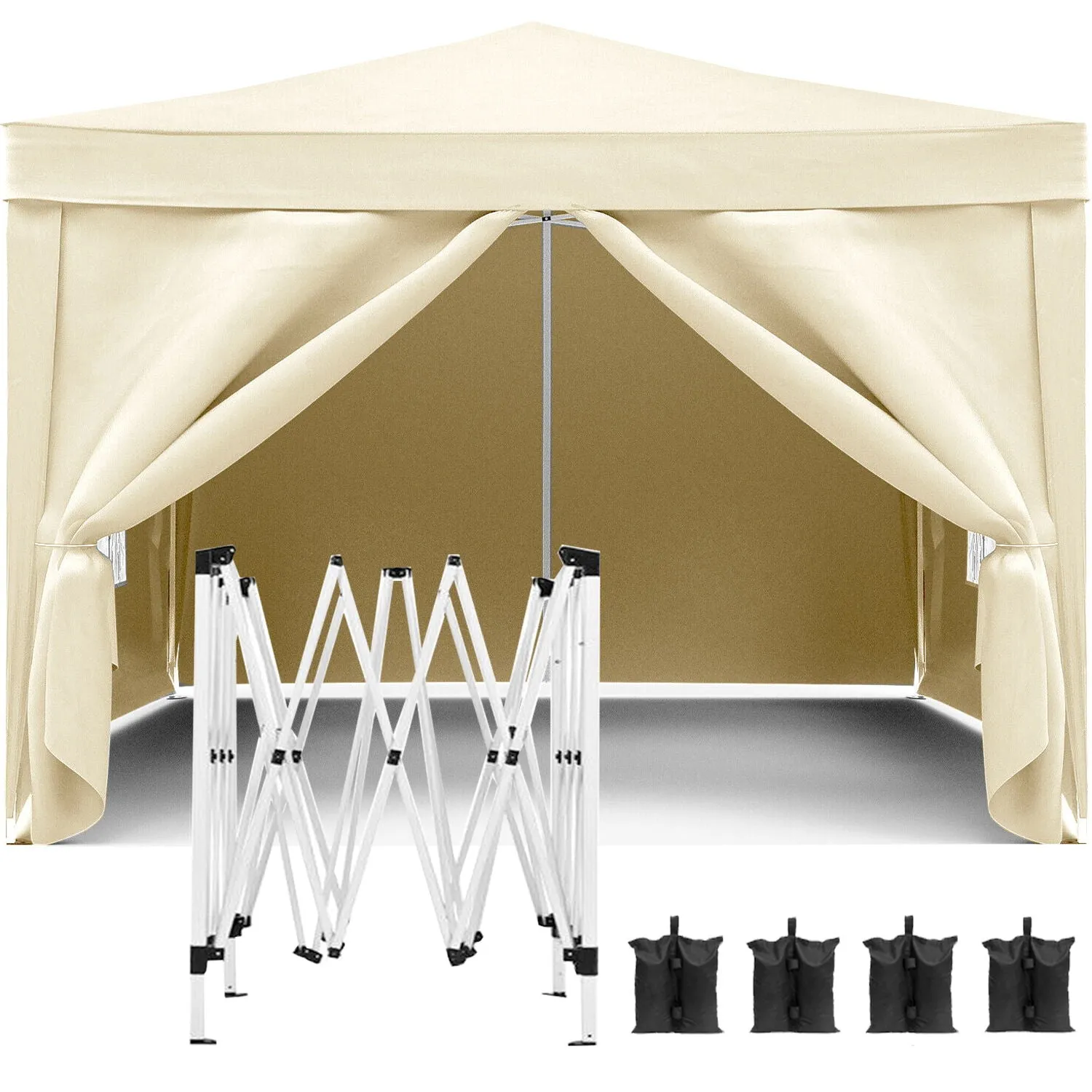 10'X10' Folding Canopy With 4 Removable Sidewalls Outdoor Event Shelter UPF 50  Gazebo Portable Tents For Parties Beach Camping Wedding Ez Pop Up Canopy 4 Pieces Weight Bag   Carry Bag