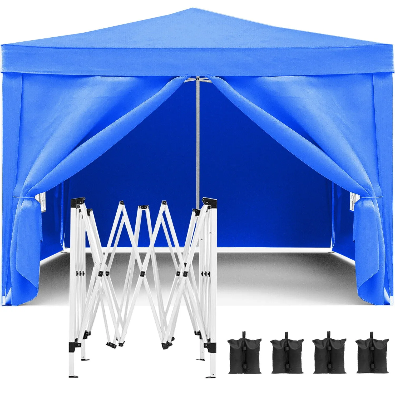 10'X10' Folding Canopy With 4 Removable Sidewalls Outdoor Event Shelter UPF 50  Gazebo Portable Tents For Parties Beach Camping Wedding Ez Pop Up Canopy 4 Pieces Weight Bag   Carry Bag