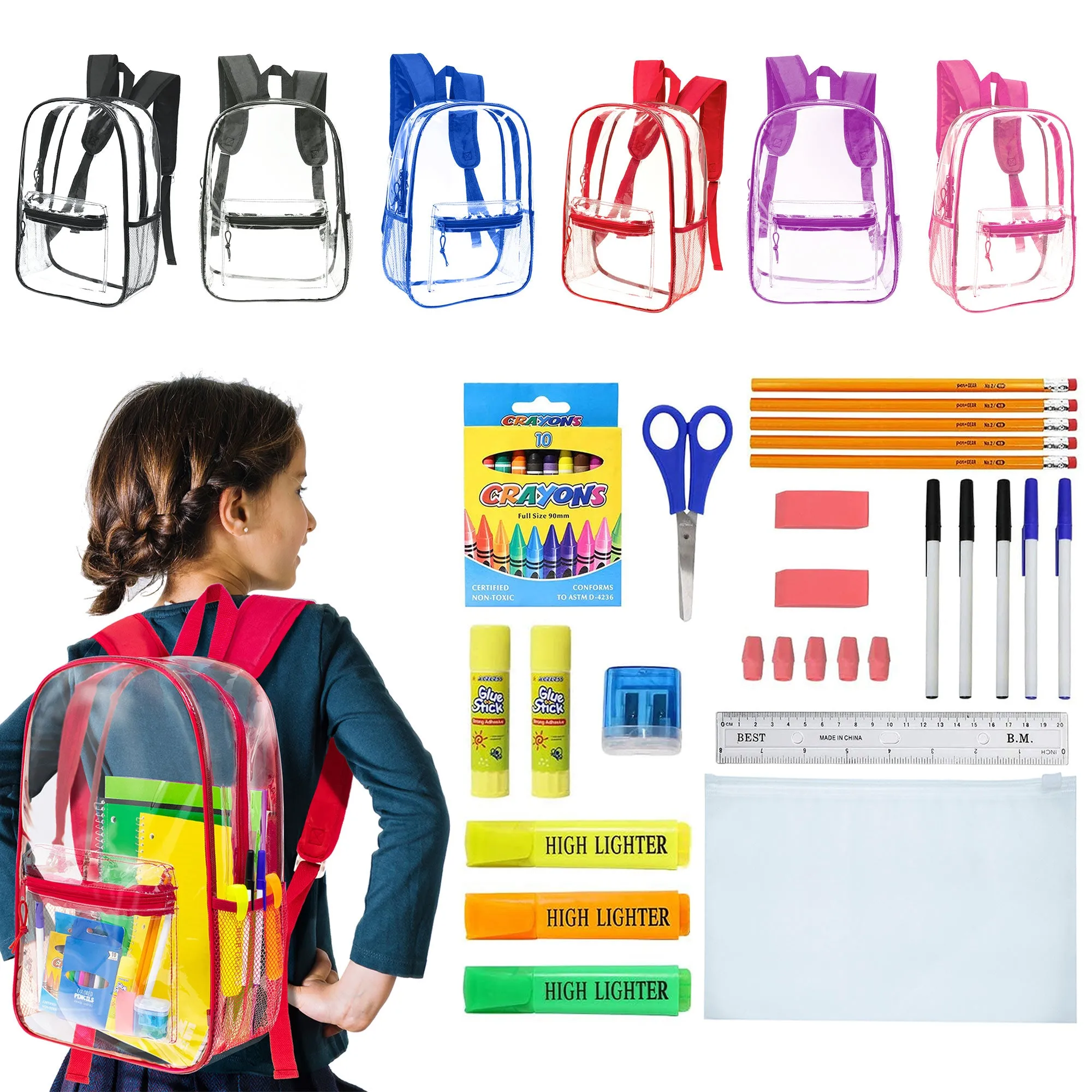 12 Clear Wholesale 17" Backpacks in Assorted Colors and 12 Bulk School Supply Kits of Your Choice