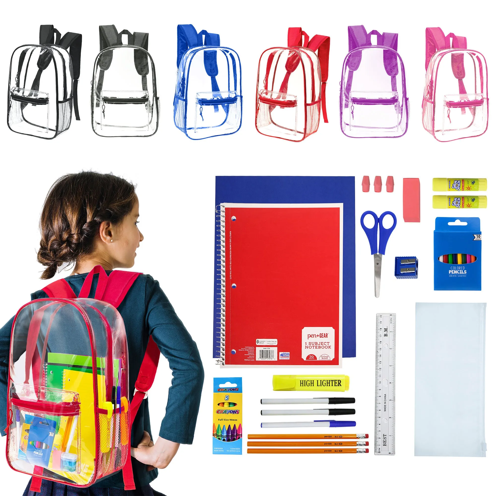 12 Clear Wholesale 17" Backpacks in Assorted Colors and 12 Bulk School Supply Kits of Your Choice