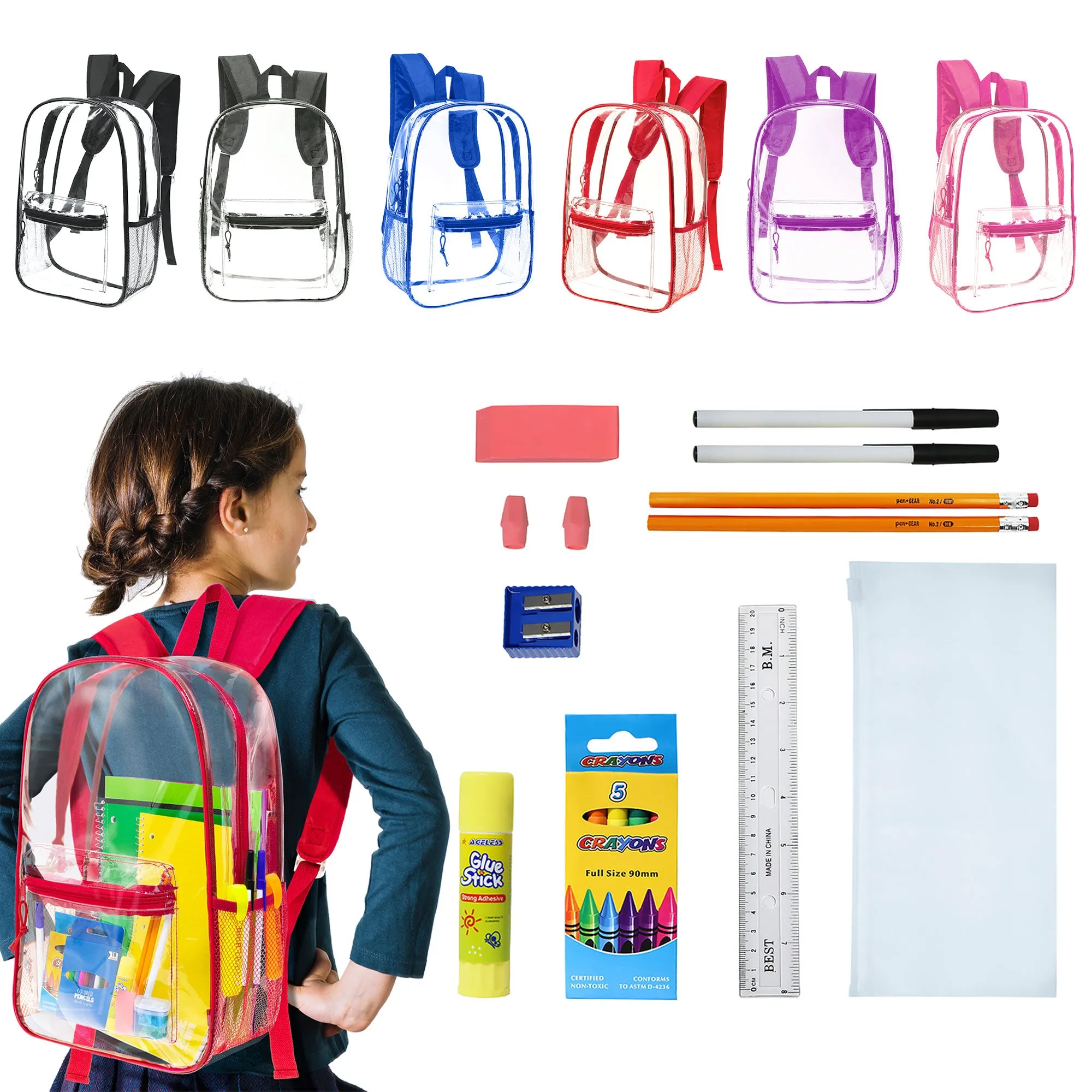 12 Clear Wholesale 17" Backpacks in Assorted Colors and 12 Bulk School Supply Kits of Your Choice