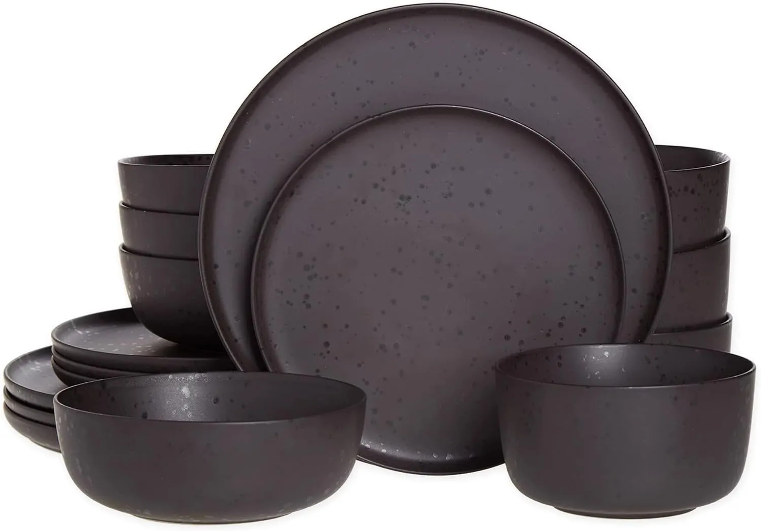 16 Piece Stoneware Dinnerware Set in Pepper with Reactive Glaze Black Solid Casual Round Dishwasher Safe