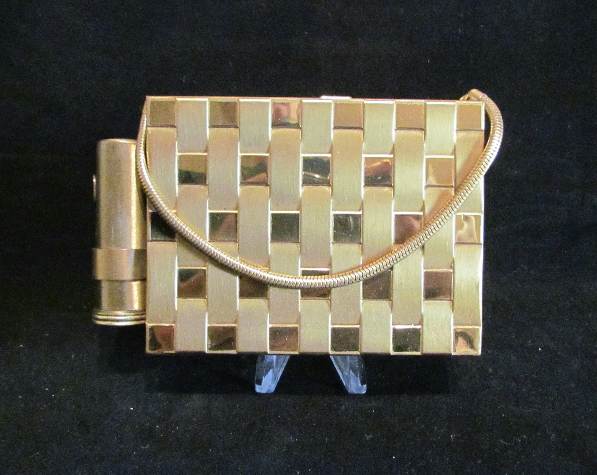 1950s Gold Basket Weave Compact Purse With Lipstick