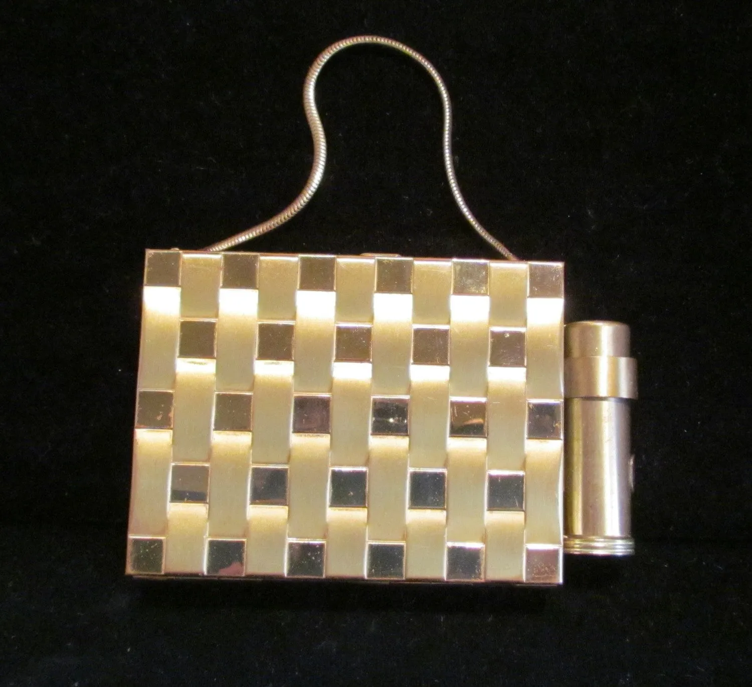 1950s Gold Basket Weave Compact Purse With Lipstick