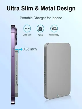 5000mAh Magnetic Wireless Charger with Metal Finish - 15W Fast Charging Power Bank for iPhone 12, 13, and MagSafe Devices