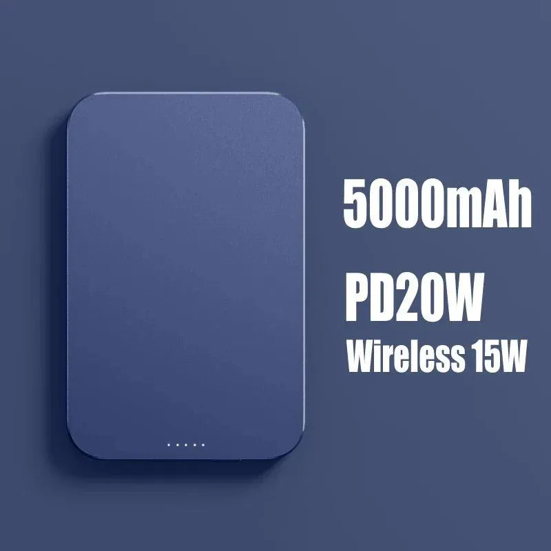 5000mAh Magnetic Wireless Charger with Metal Finish - 15W Fast Charging Power Bank for iPhone 12, 13, and MagSafe Devices