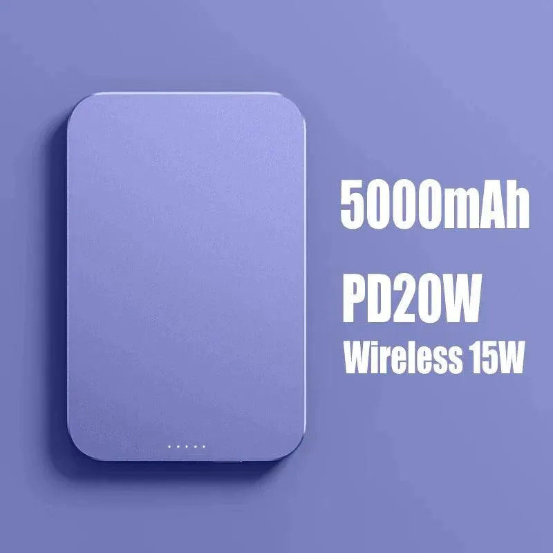 5000mAh Magnetic Wireless Charger with Metal Finish - 15W Fast Charging Power Bank for iPhone 12, 13, and MagSafe Devices