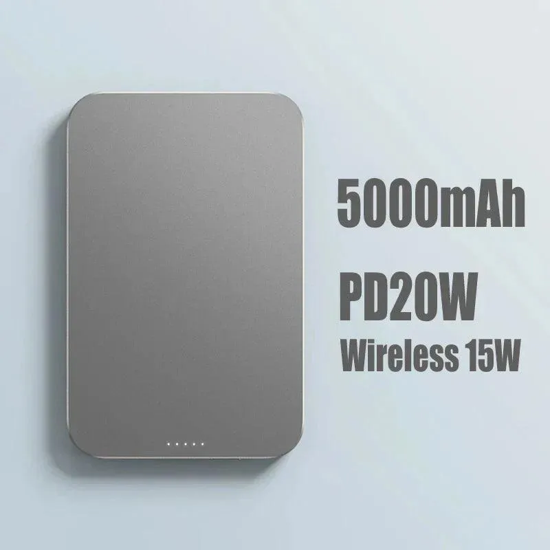 5000mAh Magnetic Wireless Charger with Metal Finish - 15W Fast Charging Power Bank for iPhone 12, 13, and MagSafe Devices