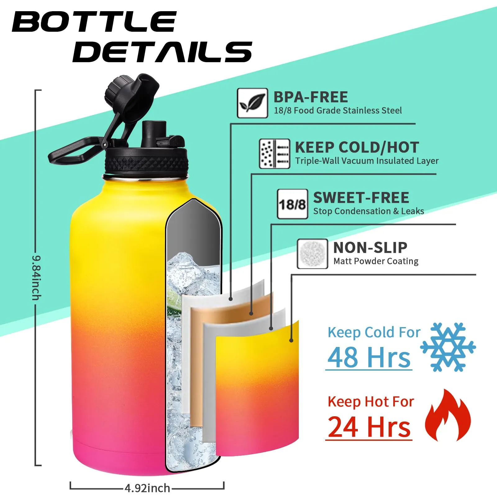 64oz Water Bottle Stainless Steel - with Paracord Handle, Straw & Auto Spout Lids, Shoulder Carrier Bag & Insulated Bottle Protective Boot, Sweat-Proof Half Gallon Metal Insulated Flask Wide-mouth