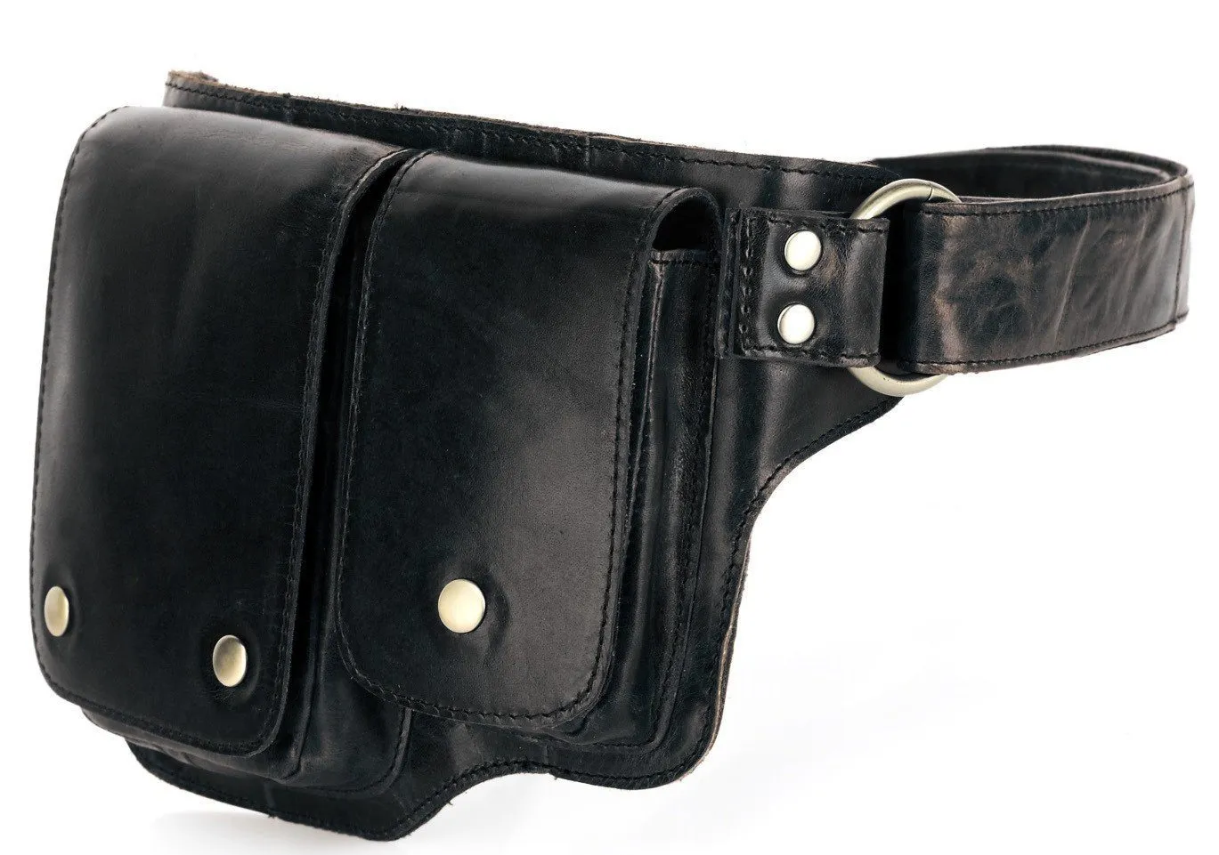 Adonis 2 Leather Waist Purse Fanny Pack - Black