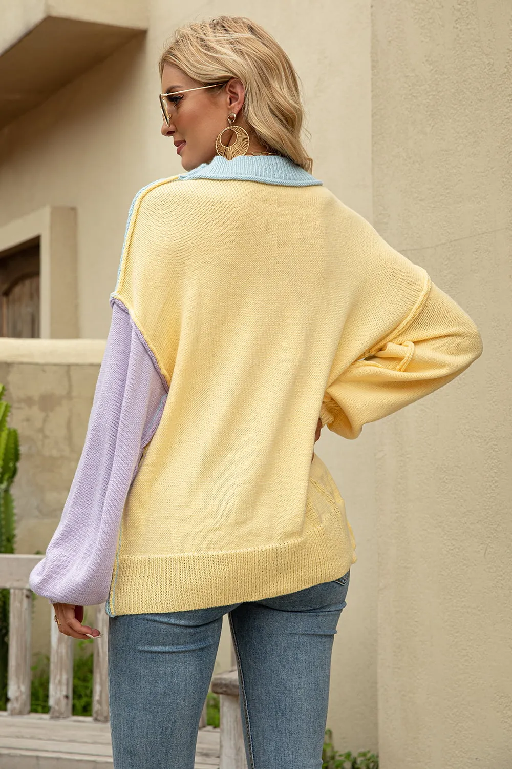 Angel Wings Color Block Round Neck Dropped Shoulder Sweater