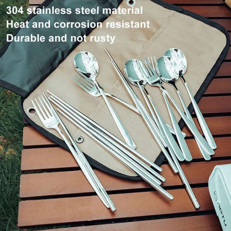 AOTU AT6471 12pcs /Set Outdoor 304 Stainless Steel Camping Cutlery Set With Storage Bag, Color: With Chopsticks Khaki