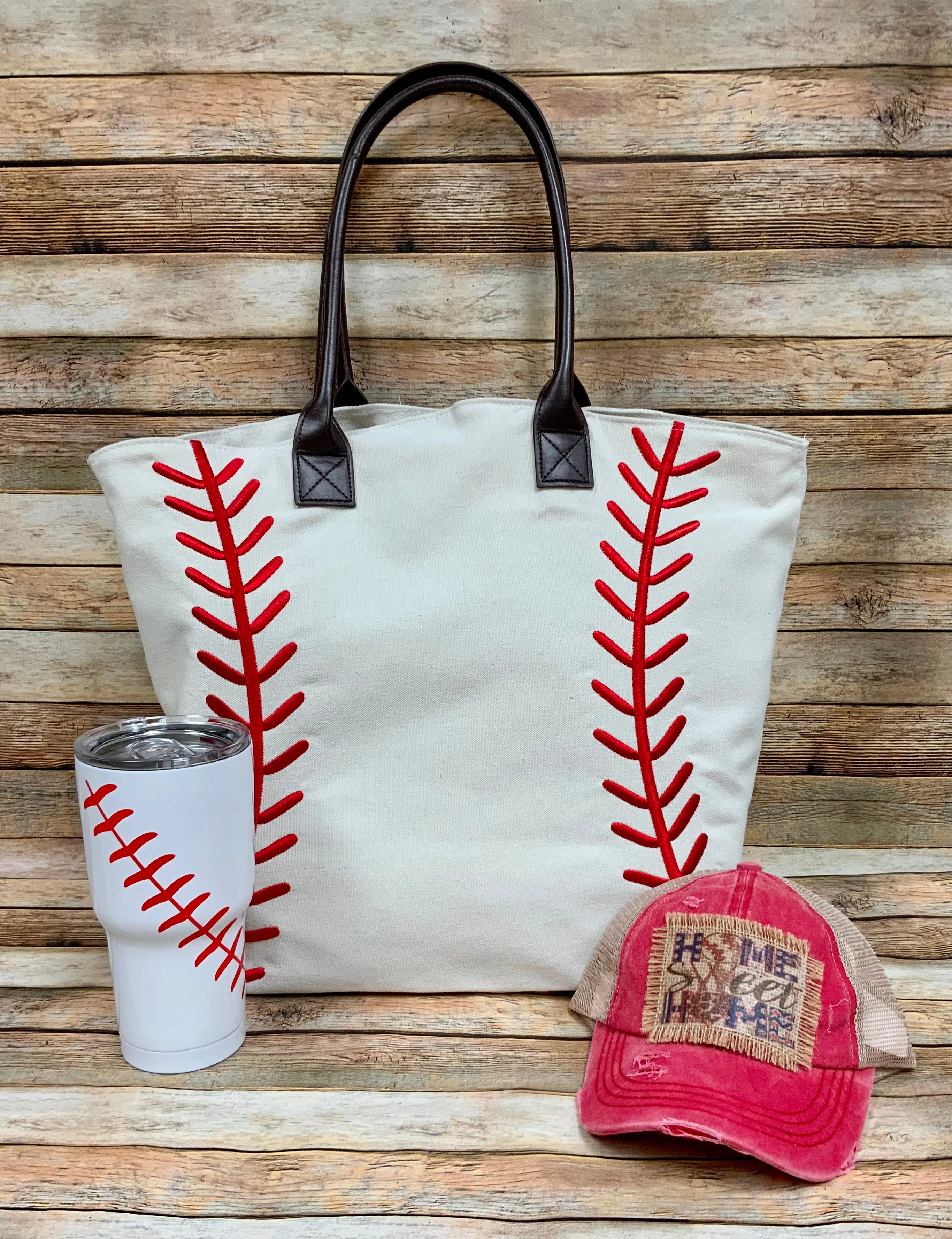 Baseball Tote with Embroidered Laces and Faux Leather Straps