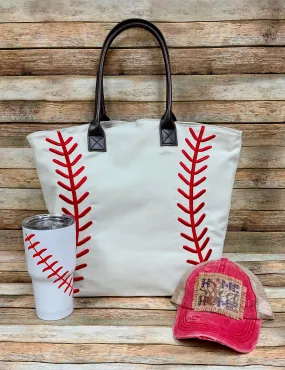 Baseball Tote with Embroidered Laces and Faux Leather Straps