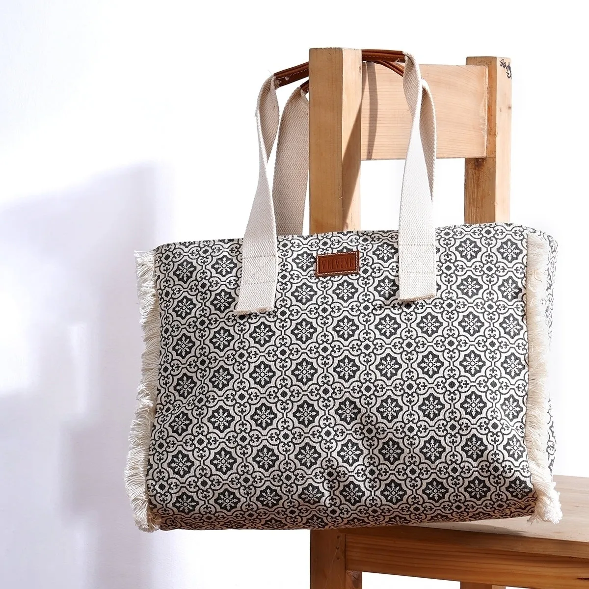 Black and white print canvas and leather tote bag, large tote, shoulder bag