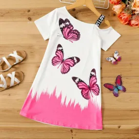 Butterfly Print Colorblock Cold Shoulder Dress - Kids Girl