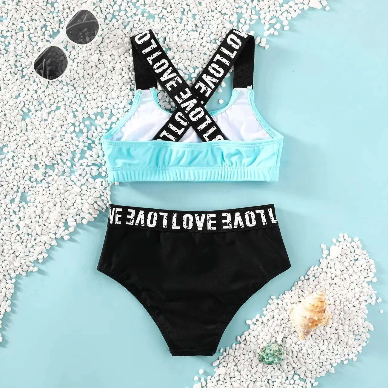 Casual Letter Pattern Swimsuit Set - Kids Girl (2Pcs)