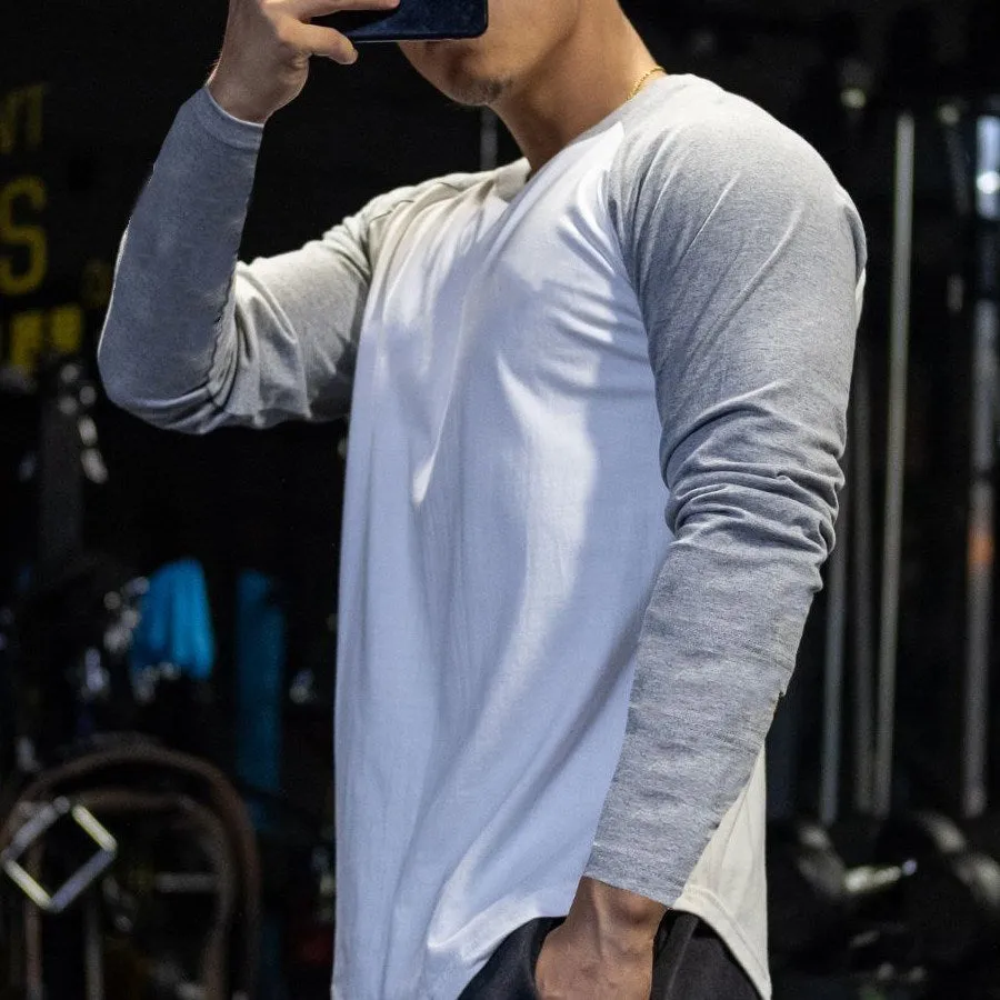 Casual Long Sleeve T-shirt Men Fitness Cotton Patchwork Tee Shirt Male Gym Workout Tops Spring Autumn Running Sport Clothing