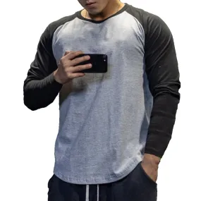 Casual Long Sleeve T-shirt Men Fitness Cotton Patchwork Tee Shirt Male Gym Workout Tops Spring Autumn Running Sport Clothing