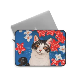 Cat with White & Red Flowers, Laptop Carrying Case, Top Loading Sleeve for School or Work