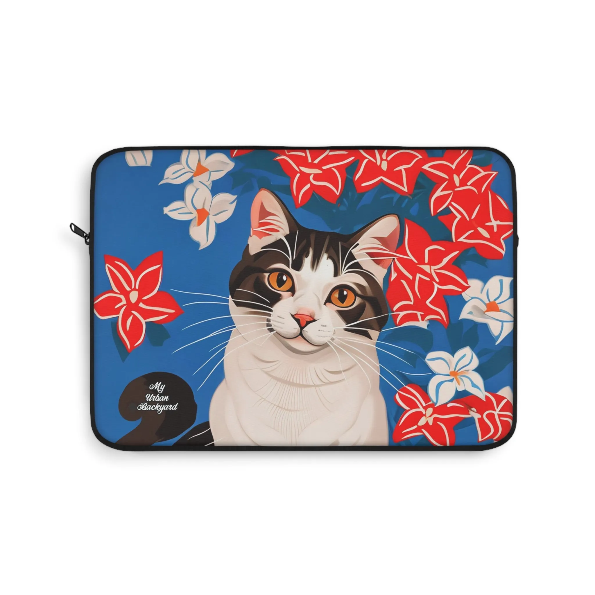 Cat with White & Red Flowers, Laptop Carrying Case, Top Loading Sleeve for School or Work