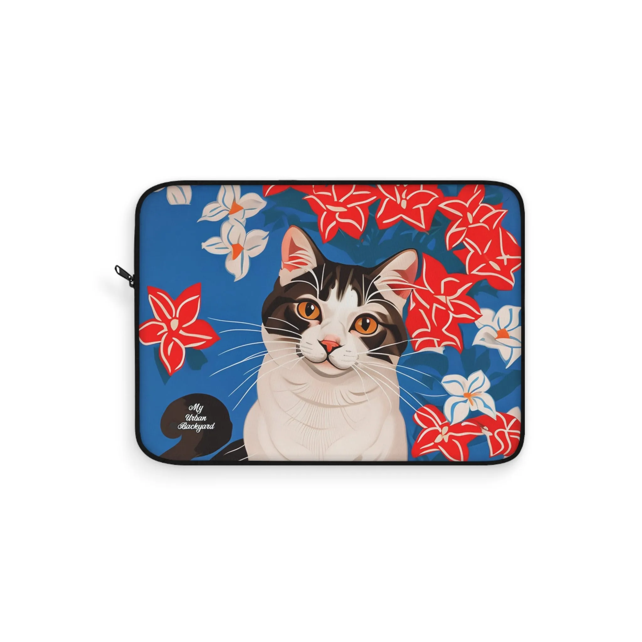 Cat with White & Red Flowers, Laptop Carrying Case, Top Loading Sleeve for School or Work