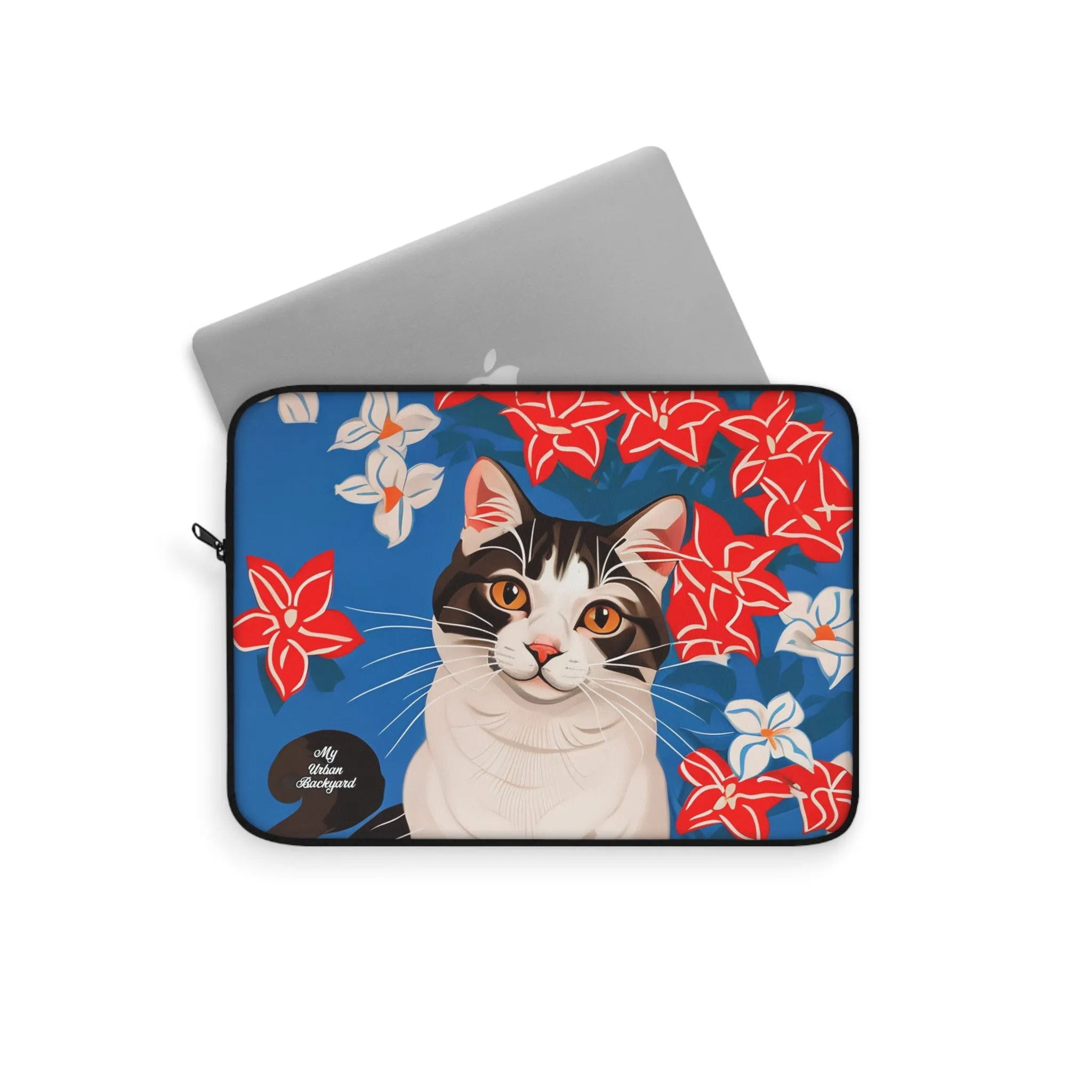 Cat with White & Red Flowers, Laptop Carrying Case, Top Loading Sleeve for School or Work