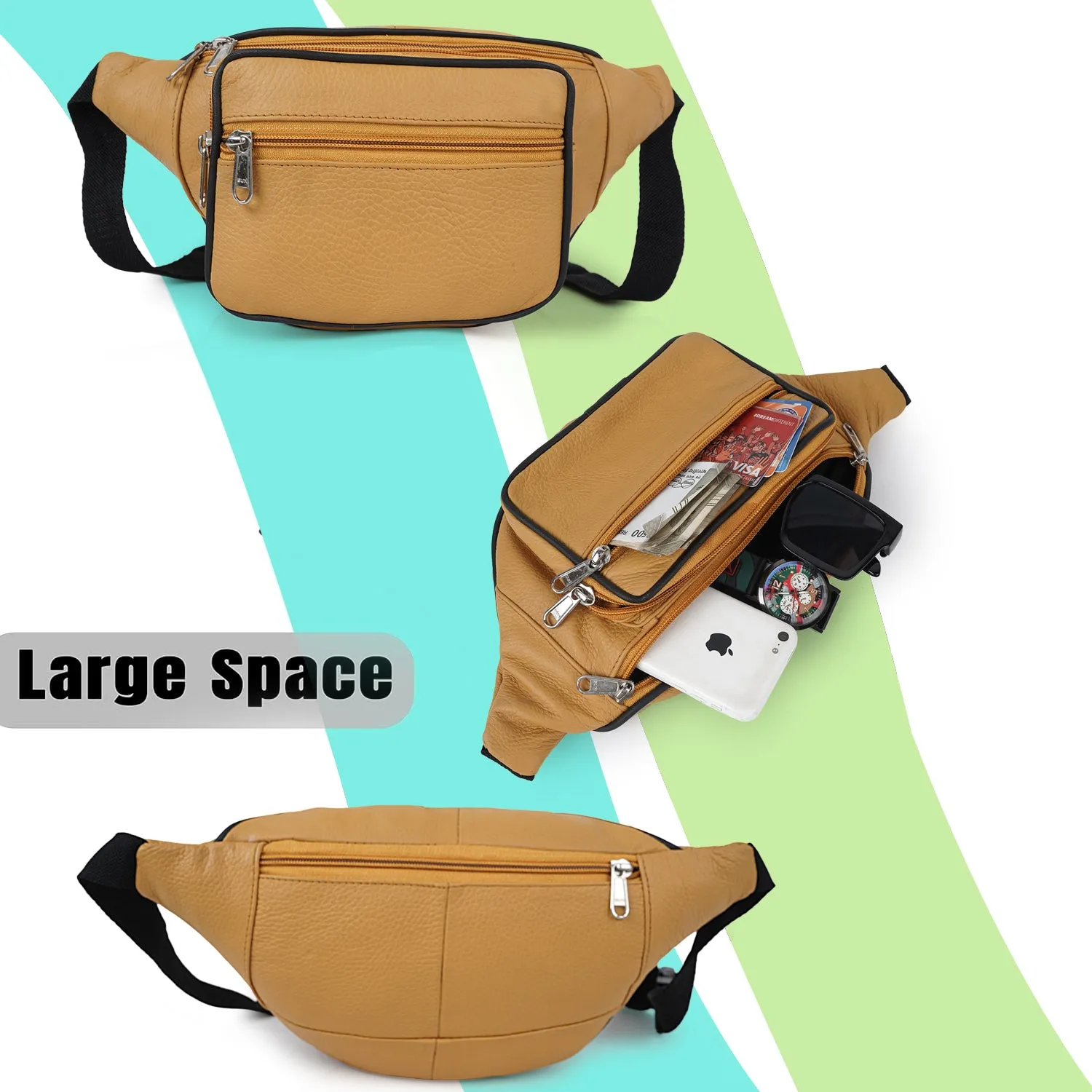 CIMONI Genuine Leather Waist Pack Travel Handy Hiking Zip Pouch Document Money Phone Sport Bag for Unisex