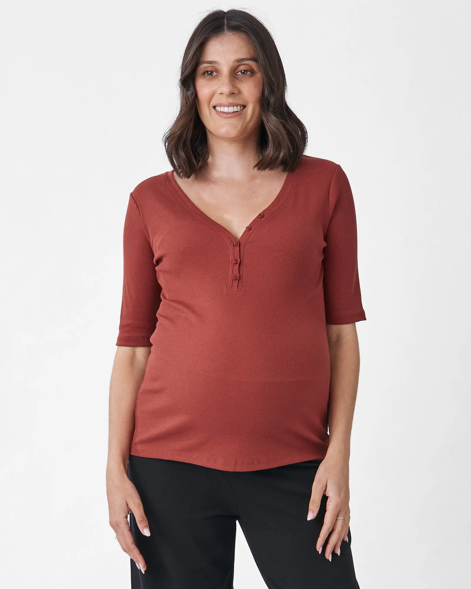 Comfortably Chic Maternity Henley Top in Brick Red