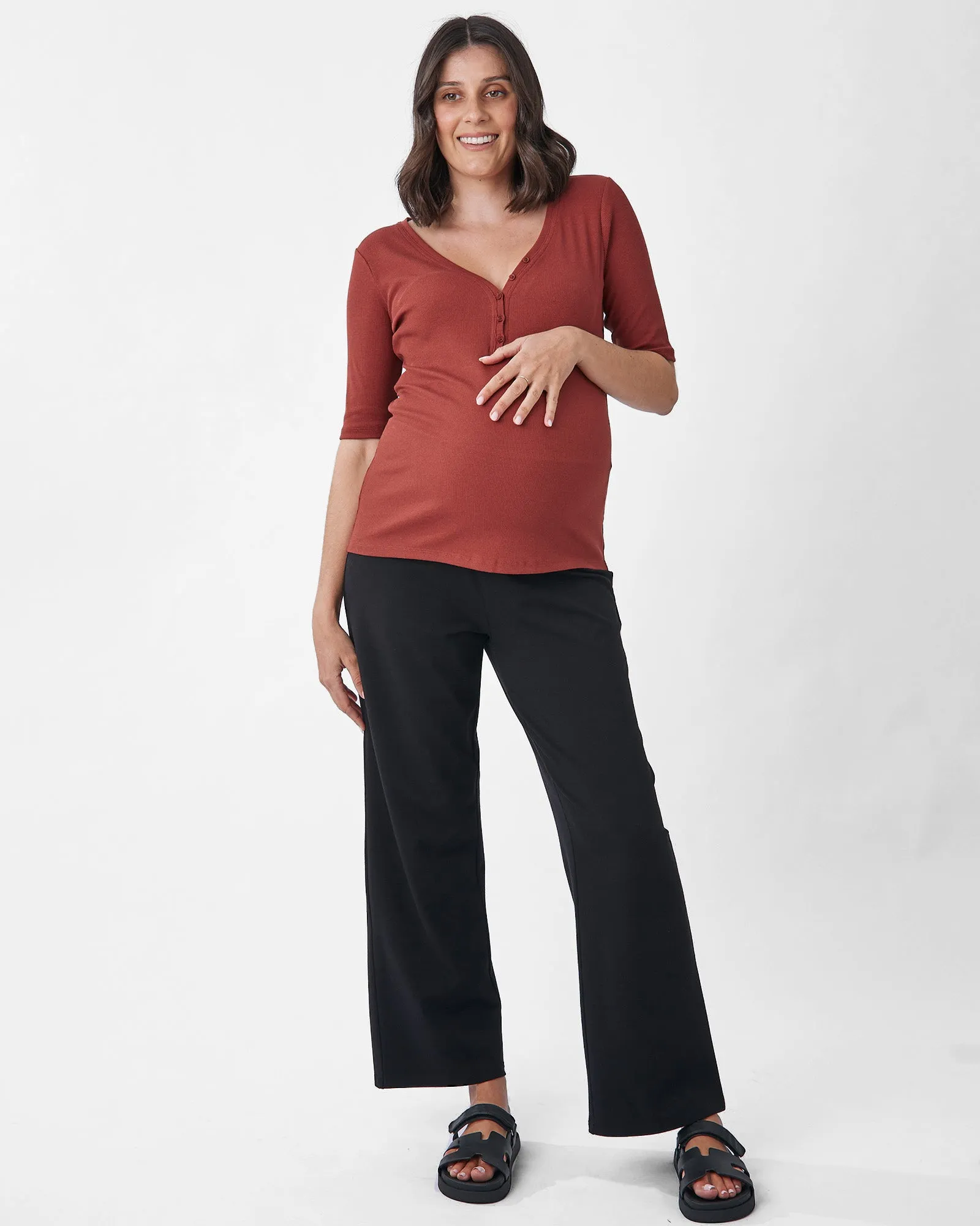 Comfortably Chic Maternity Henley Top in Brick Red