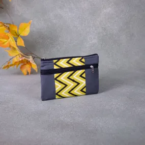 Cotton Multizip Purse Grey With Yellow and Black Zig Zag Design.