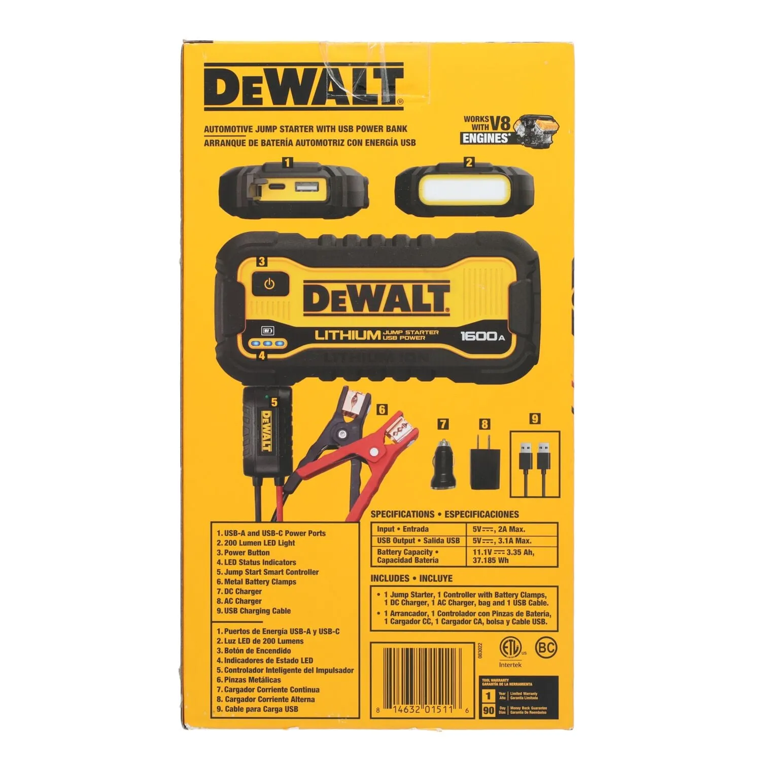 DEWALT DXAELJ16-CA -  1600 Peak Amp Lithium Jump Starter with USB Power Bank