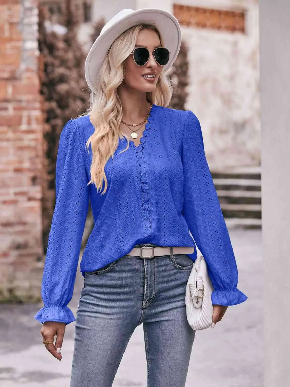 Double Take Eyelet V-Neck Flounce Sleeve Blouse