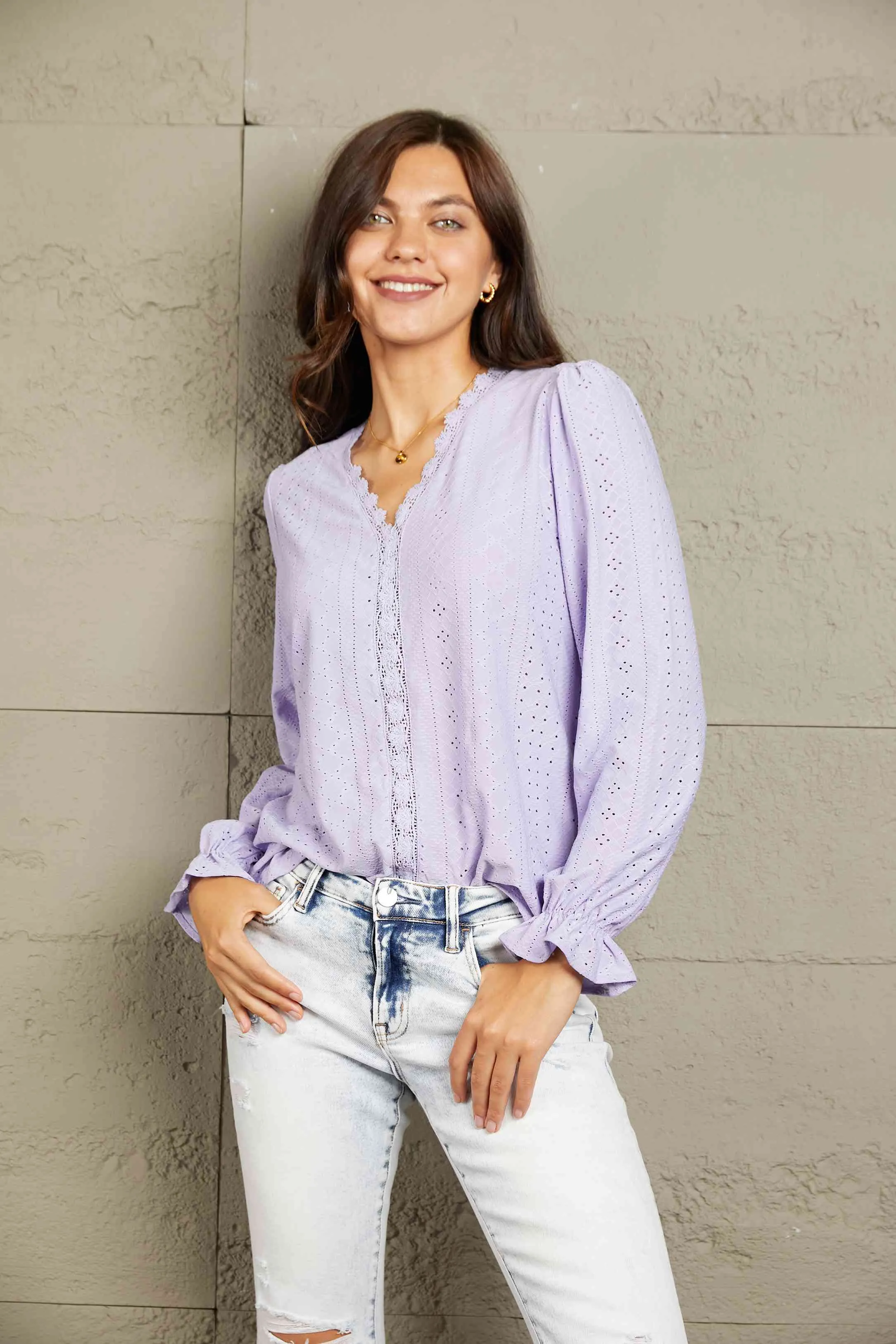 Double Take Eyelet V-Neck Flounce Sleeve Blouse