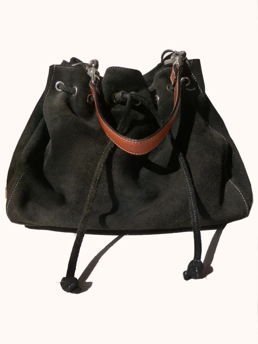 Draw String Hobo Pouch Bag In Black Butter Napa