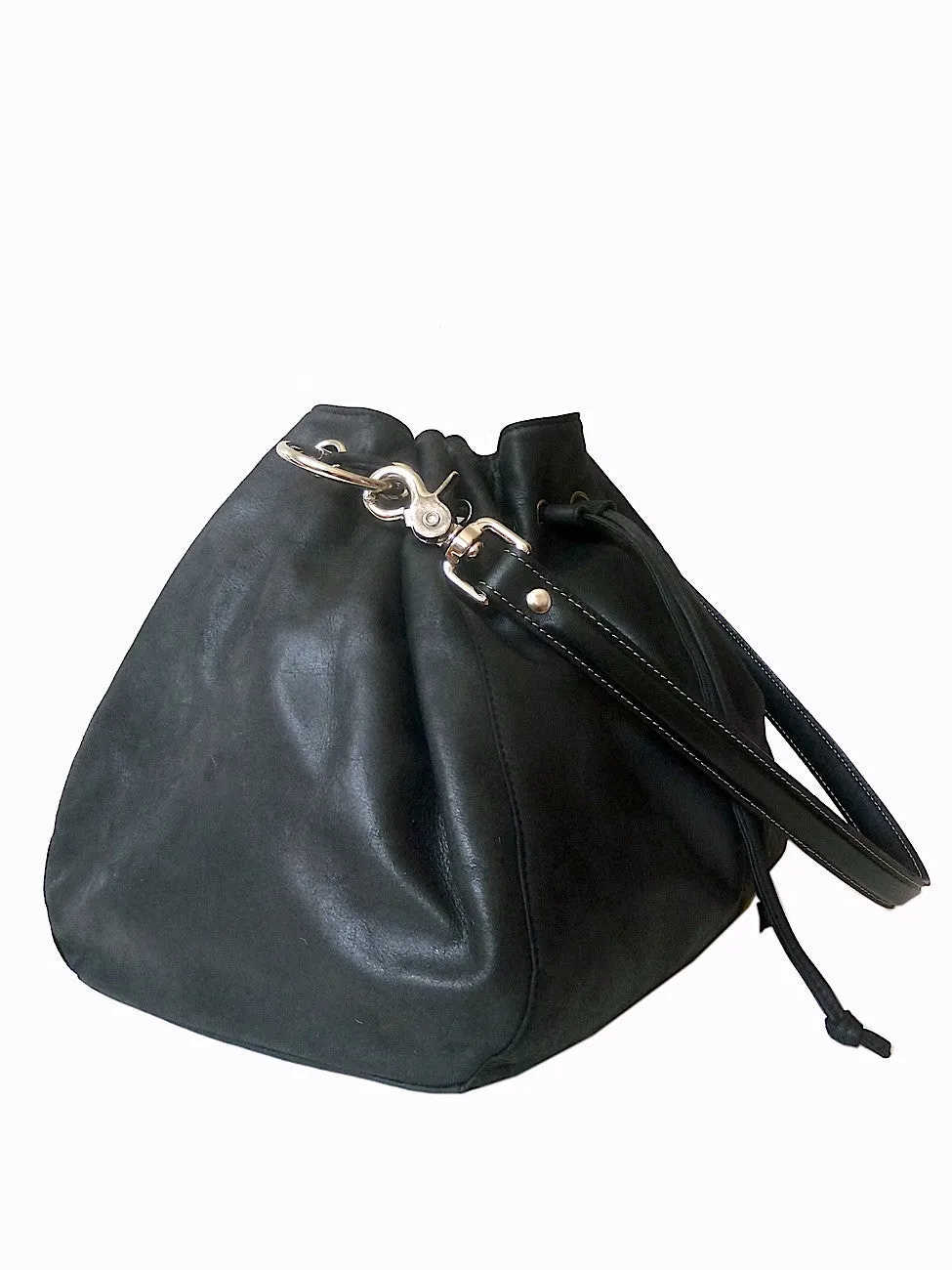 Draw String Hobo Pouch Bag In Black Butter Napa