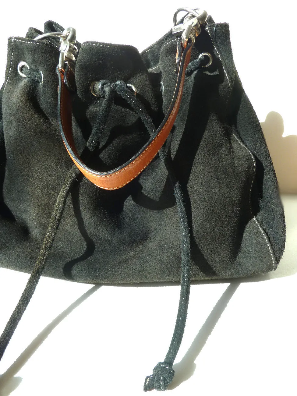 Draw String Hobo Pouch Bag In Black Butter Napa