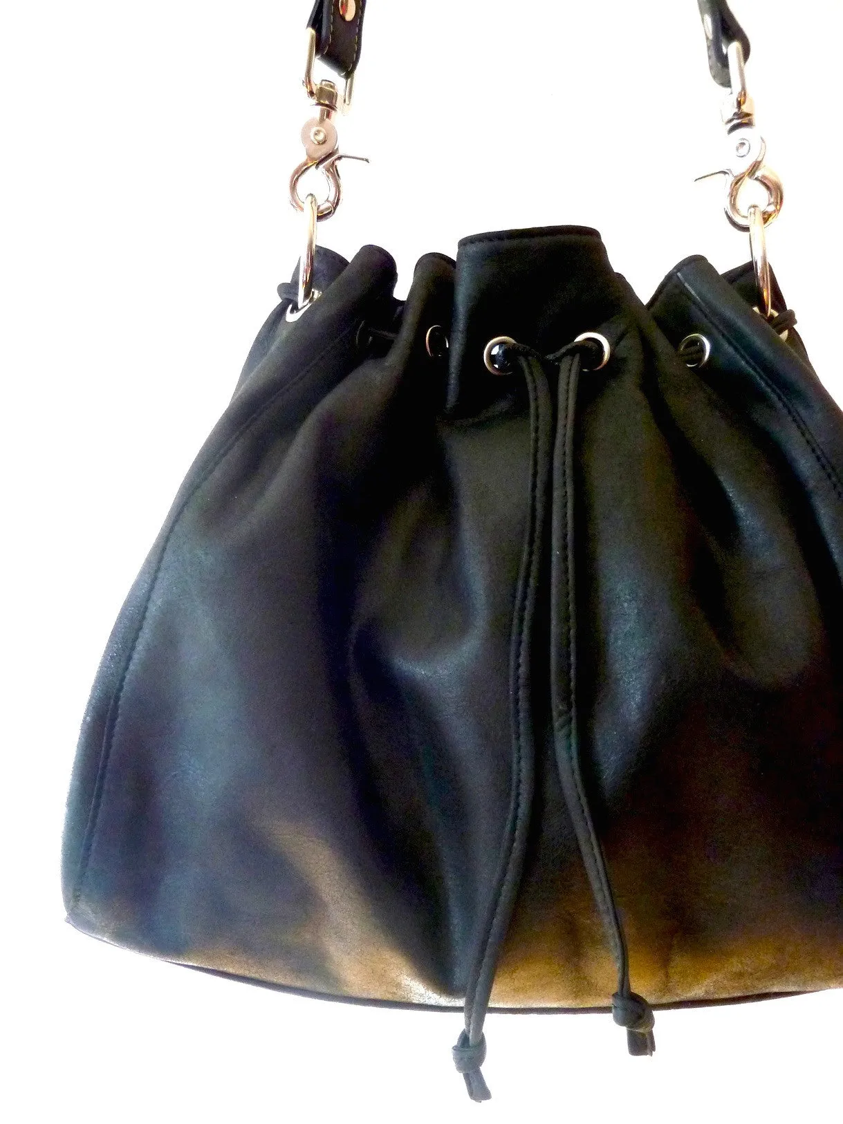 Draw String Hobo Pouch Bag In Black Butter Napa