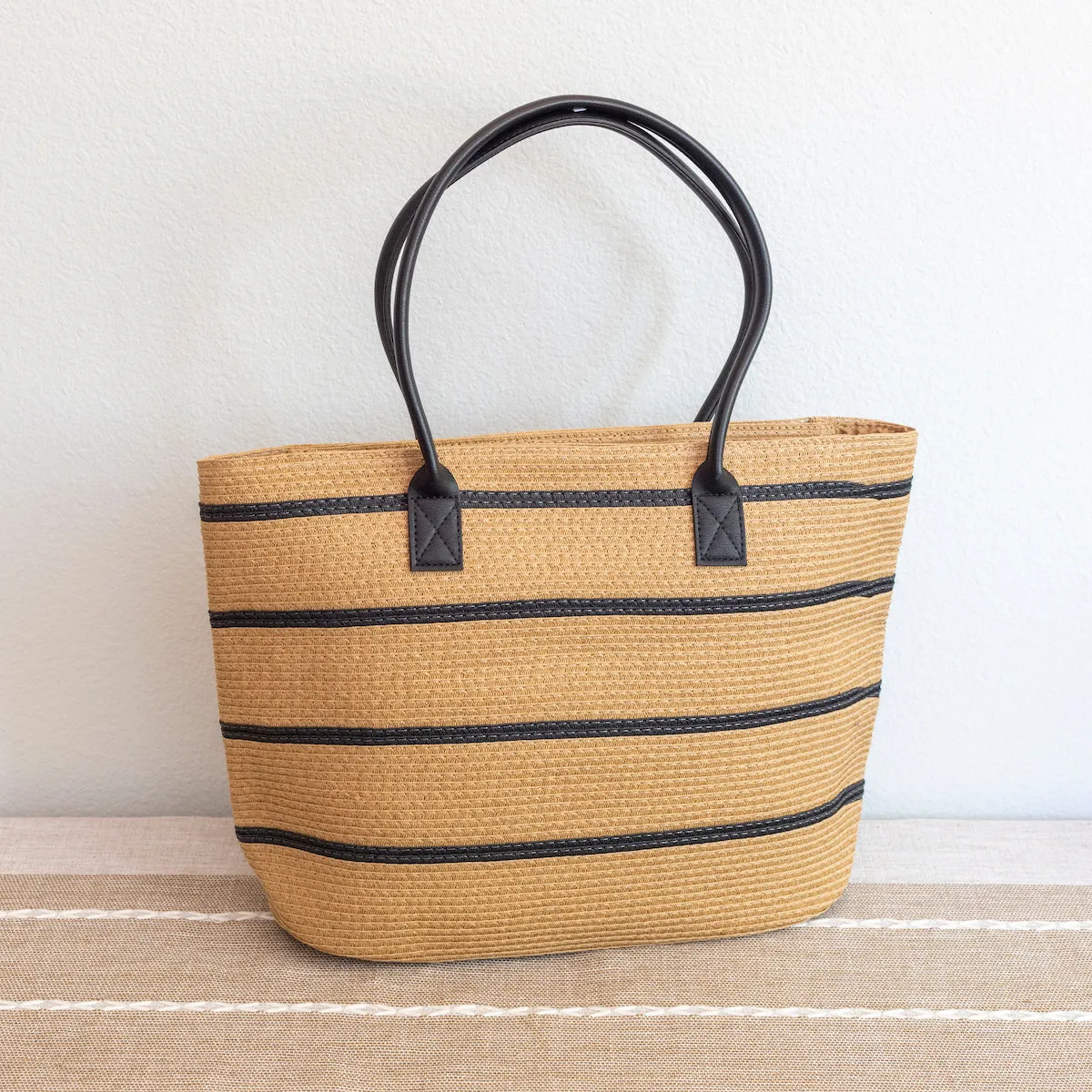 Elena Handbags Striped Straw Woven Summer Tote