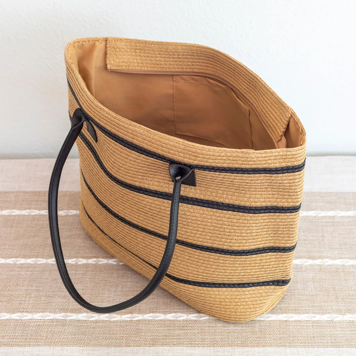 Elena Handbags Striped Straw Woven Summer Tote