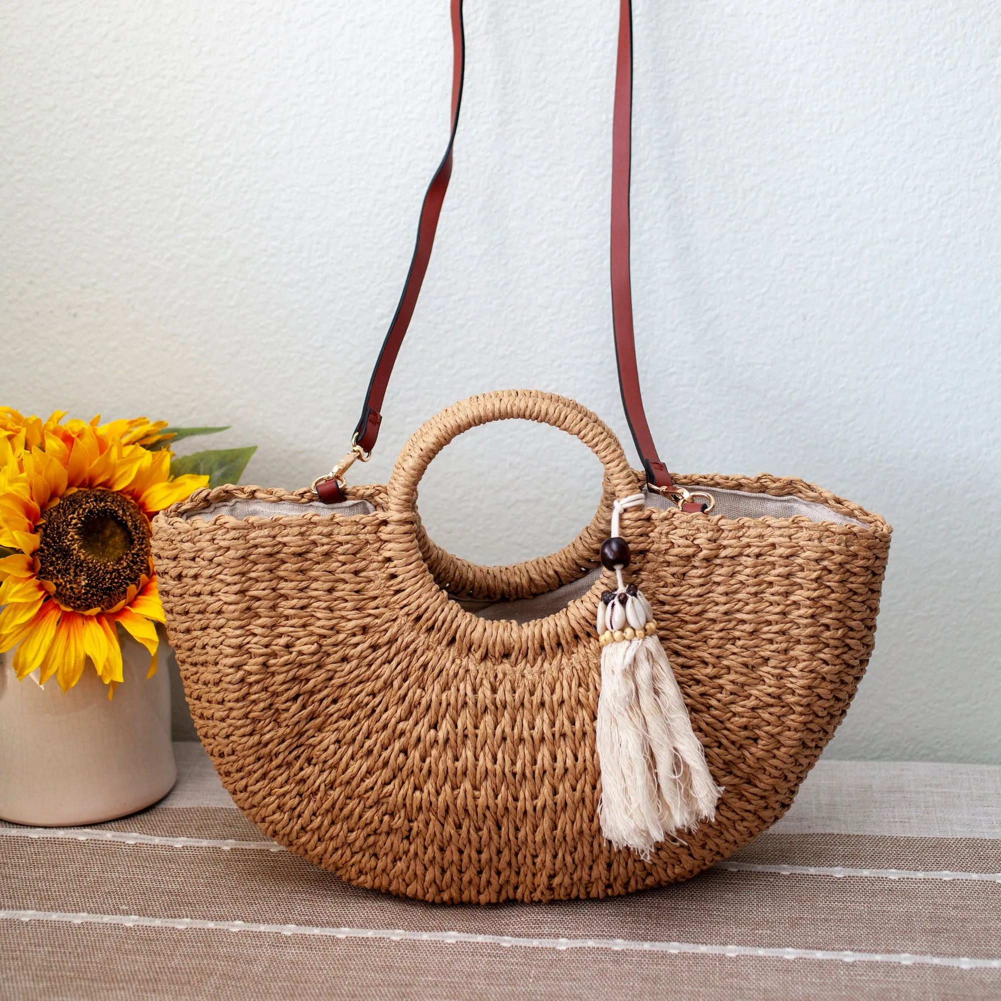 Elena Handbags Summer Beach Straw Basket with Tassle