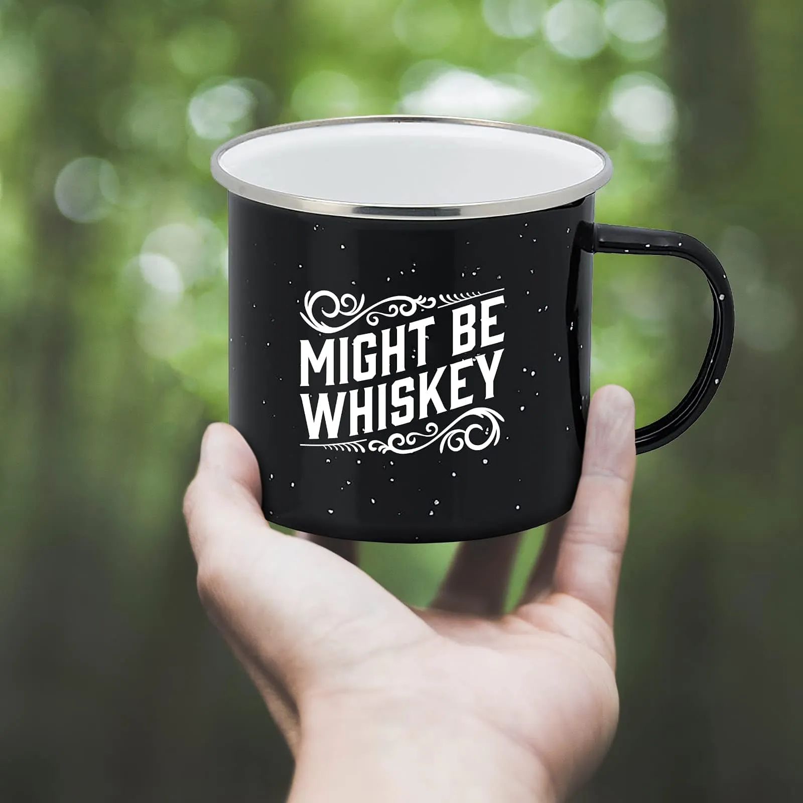 Enamel Camping Coffee Mug "Might Be Whiskey" Large Tin Cup 16 Ounce ,  (Midnight Black)