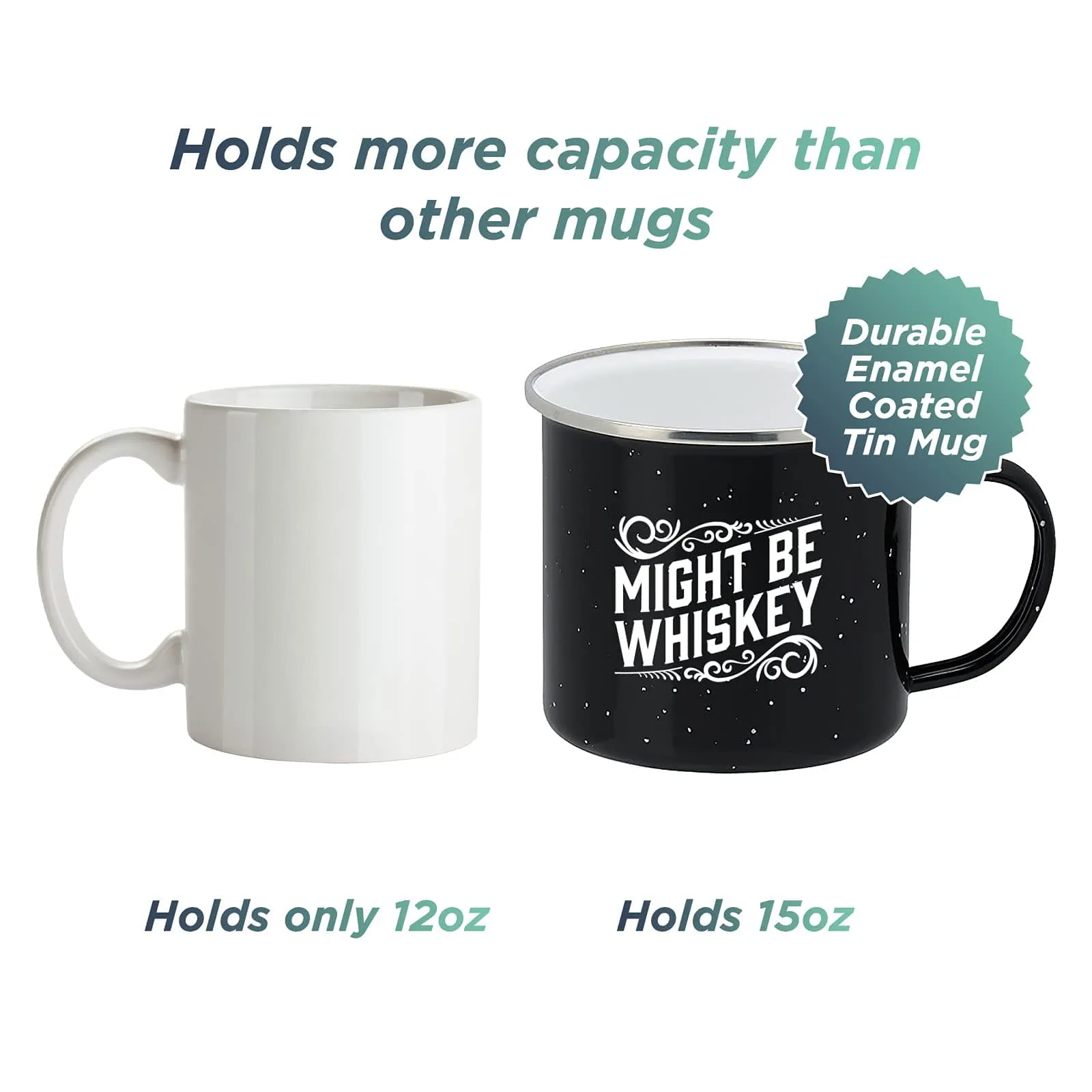 Enamel Camping Coffee Mug "Might Be Whiskey" Large Tin Cup 16 Ounce ,  (Midnight Black)