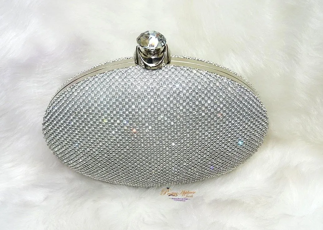 Evening Clutch Bag Silver Bag for Women Floral Diamante Oval Formal Dressing Handbag for Wedding Party Prom