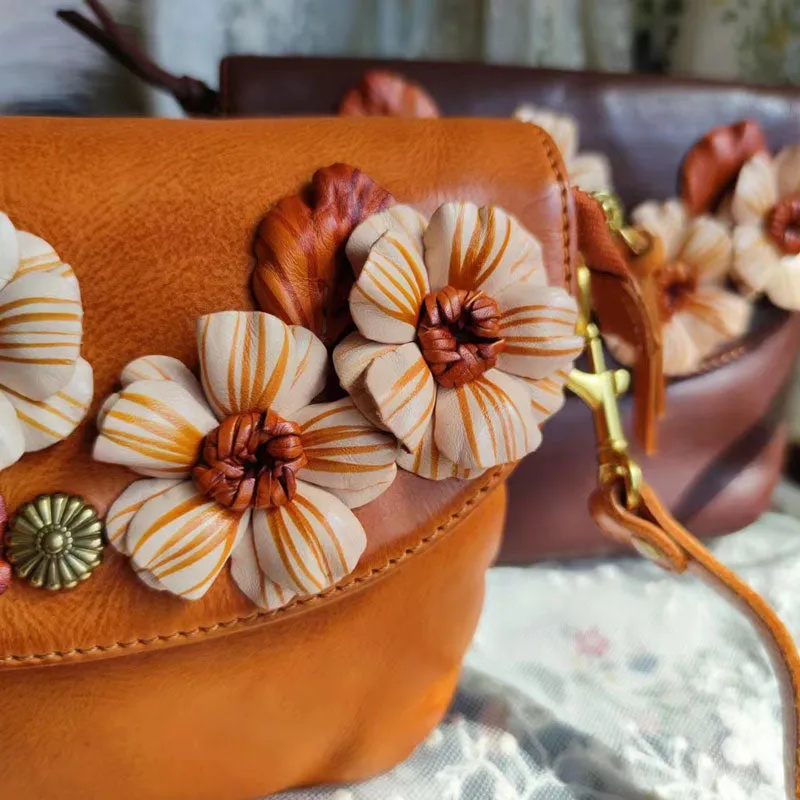 Handmade Casual Vintage Cowhide Small Square Bag with Flower Clusters