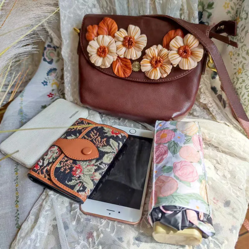 Handmade Casual Vintage Cowhide Small Square Bag with Flower Clusters