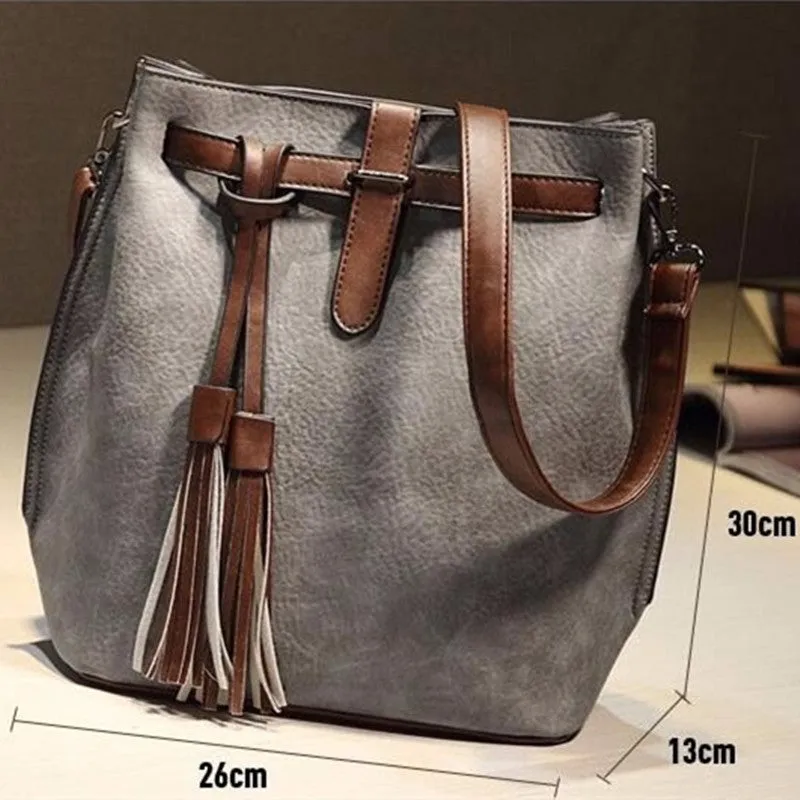 INLEELA 2016 Fashion Scrub Women Bucket Bag Vintage Tassel Messenger Bag Large Retro Shoulder Bag Simple Crossbody Bag