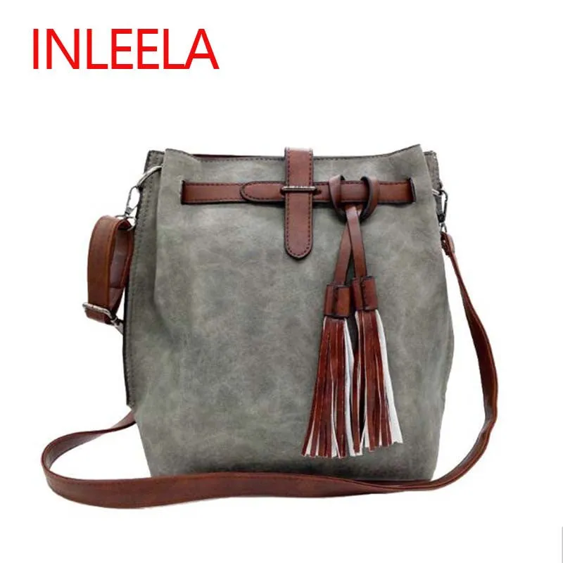 INLEELA 2016 Fashion Scrub Women Bucket Bag Vintage Tassel Messenger Bag Large Retro Shoulder Bag Simple Crossbody Bag