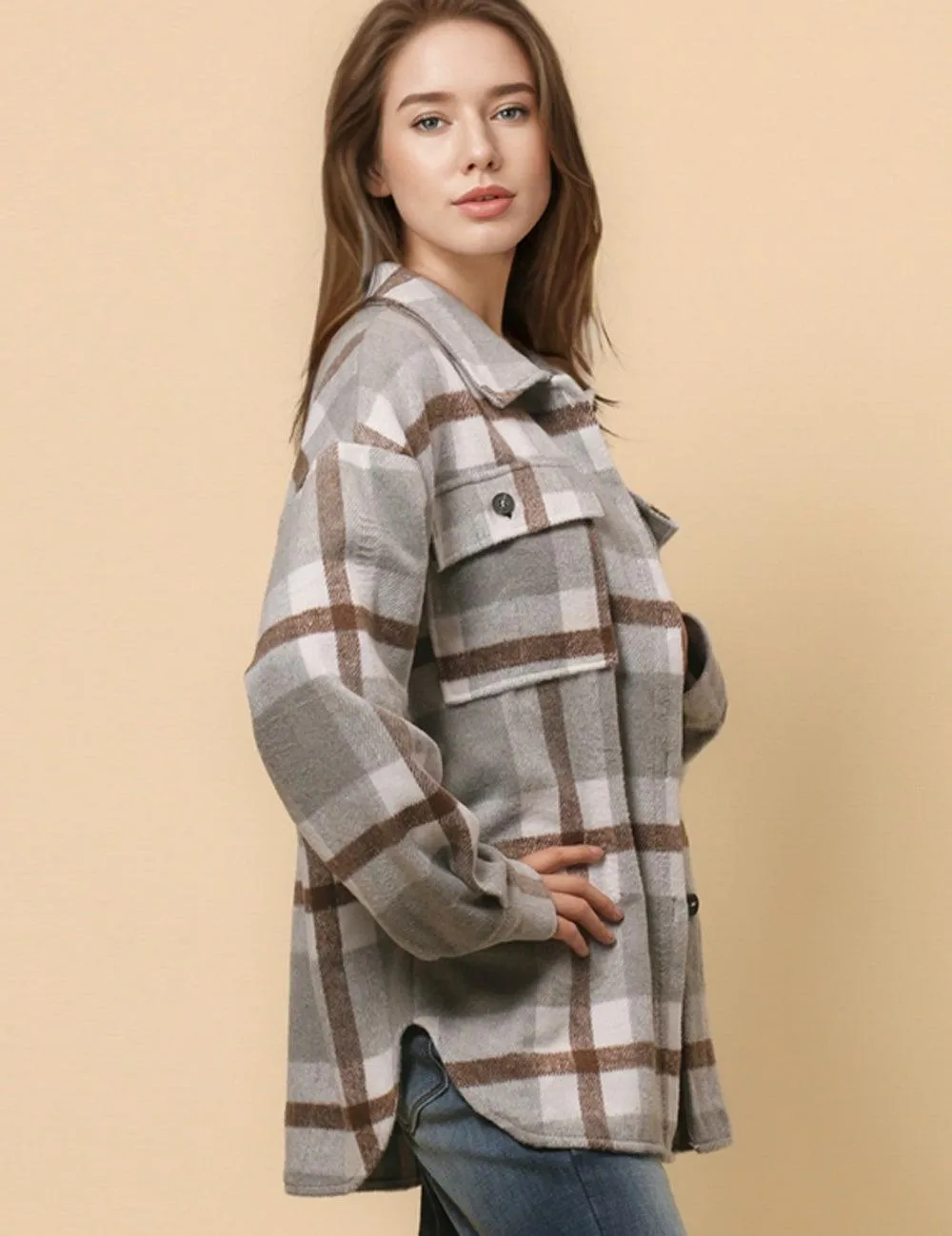 Ladies Flano Plaid Turndown Collar Jacket SKT4795
