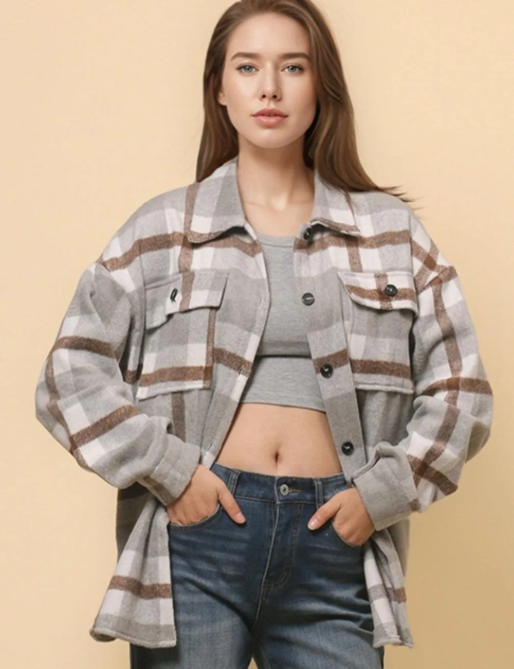 Ladies Flano Plaid Turndown Collar Jacket SKT4795